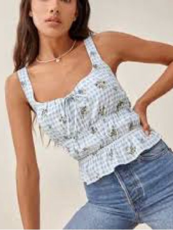 Reformation Tops - Reformation Liya Top Light Blue Gingham Smocked Floral Tank Small